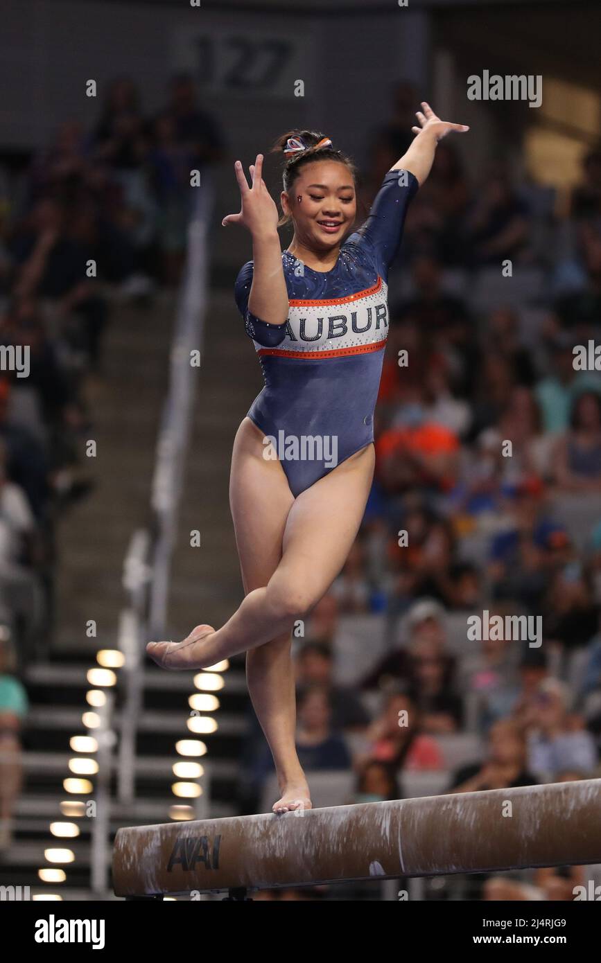 April 16, 2022: Auburn University freshman and Olympic gold medalist Sunisa  Lee during the NCAA Women's National Collegiate Gymnastics Championships  final at Dickie's Arena in Fort Worth, Texas. Melissa J. Perenson/CSM/Sipa  USA(Credit