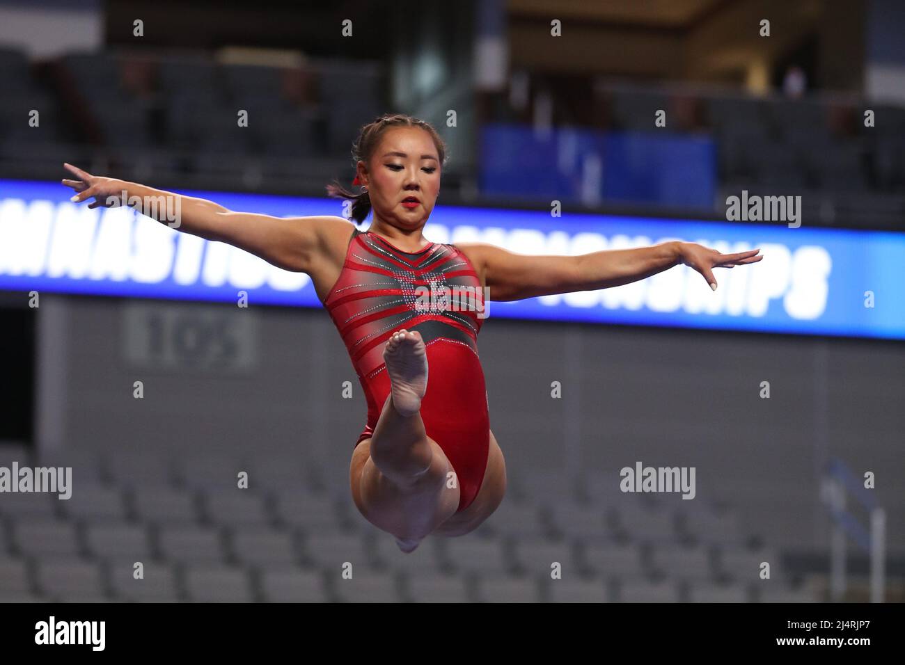 April 16, 2022: University of Utah freshman Kara Eaker warms up during