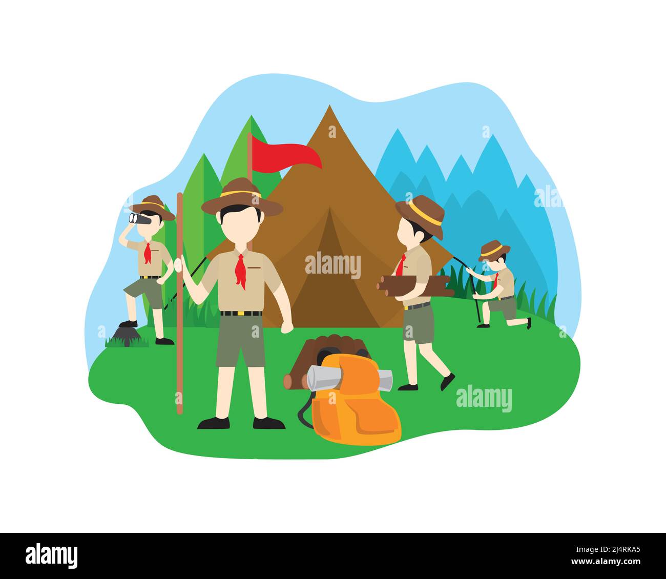 Boy Scouts Building Tent Collecting Firewood and Watching Around Illustration Vector Stock Vector