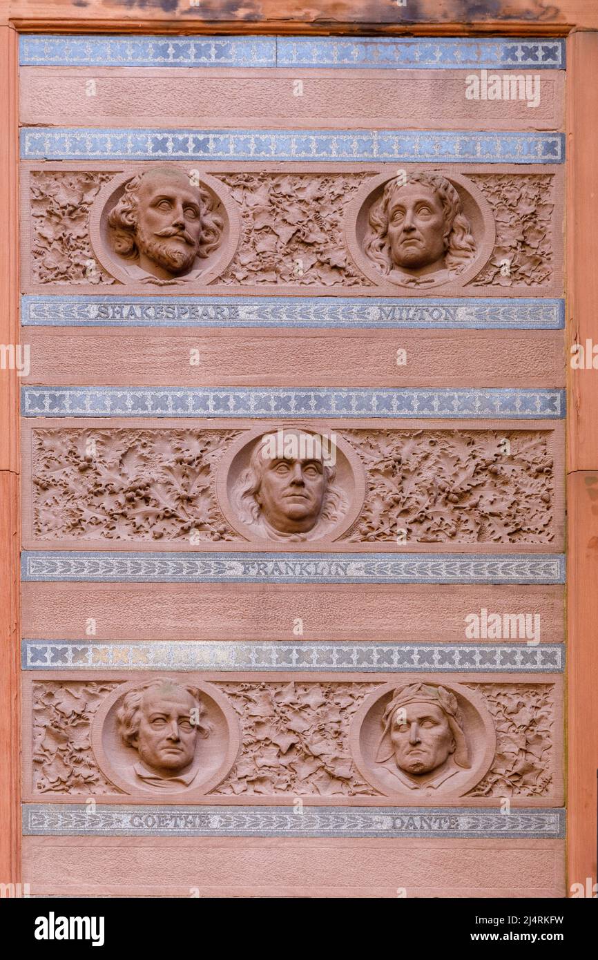 Exterior, honoring giants in Arts and Letters, National Arts Club, in the Samuel J. Tilden House, Gramercy Park, New York, NY, USA. Stock Photo