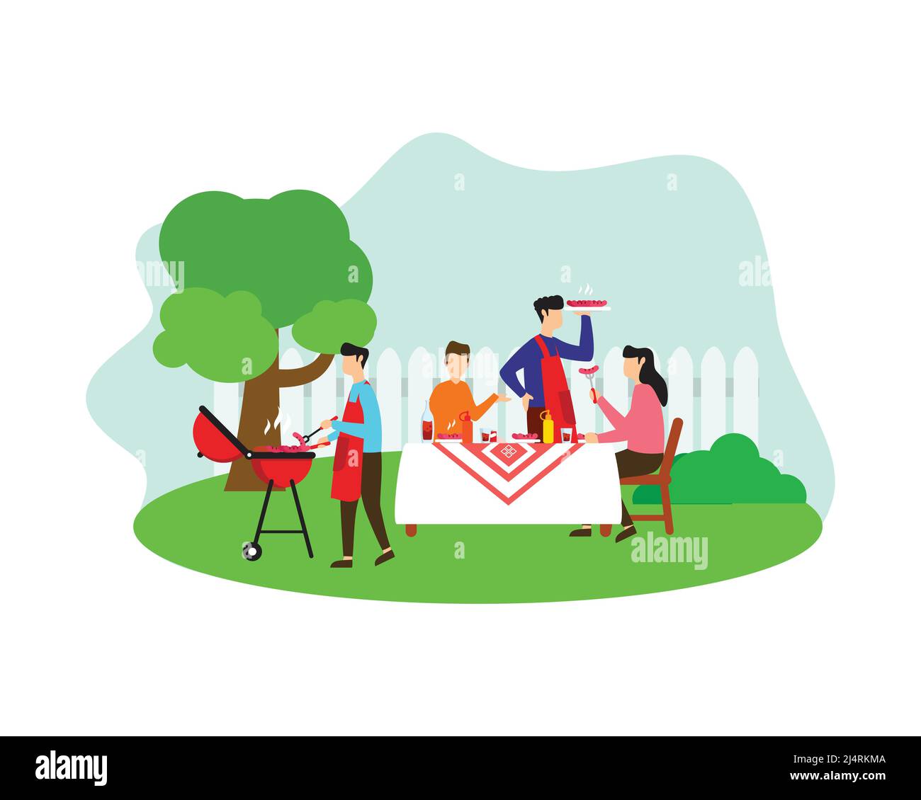 BBQ or Barbeque Party at the Backyard Eating and Grilling Together Illustration Vector Stock Vector