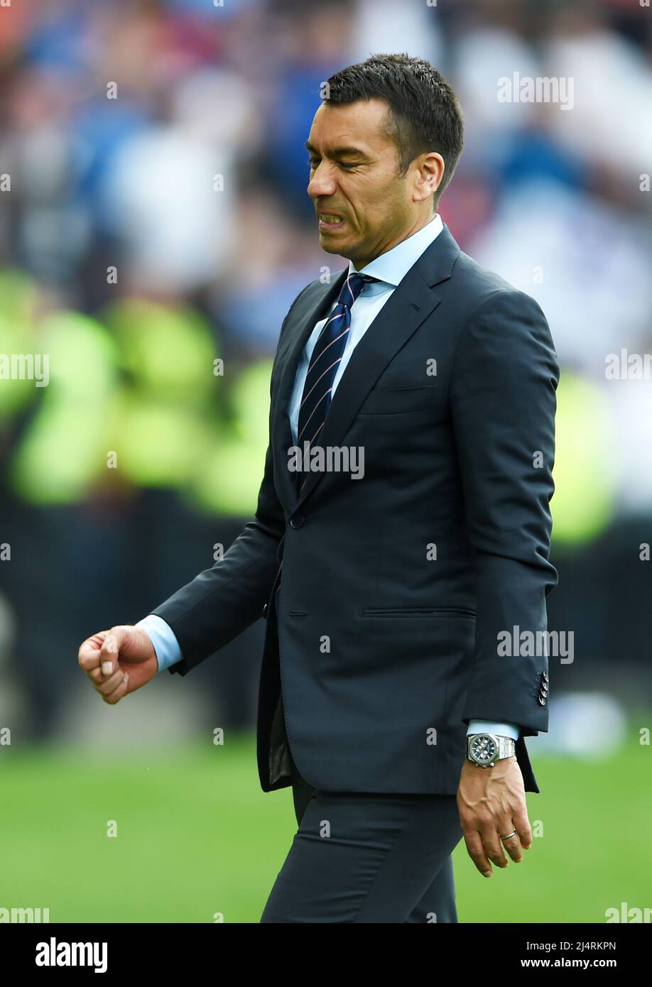 Glasgow, UK. 17th Apr, 2022. Rangers Manager Giovanni van Bronckhorst celebrates after the