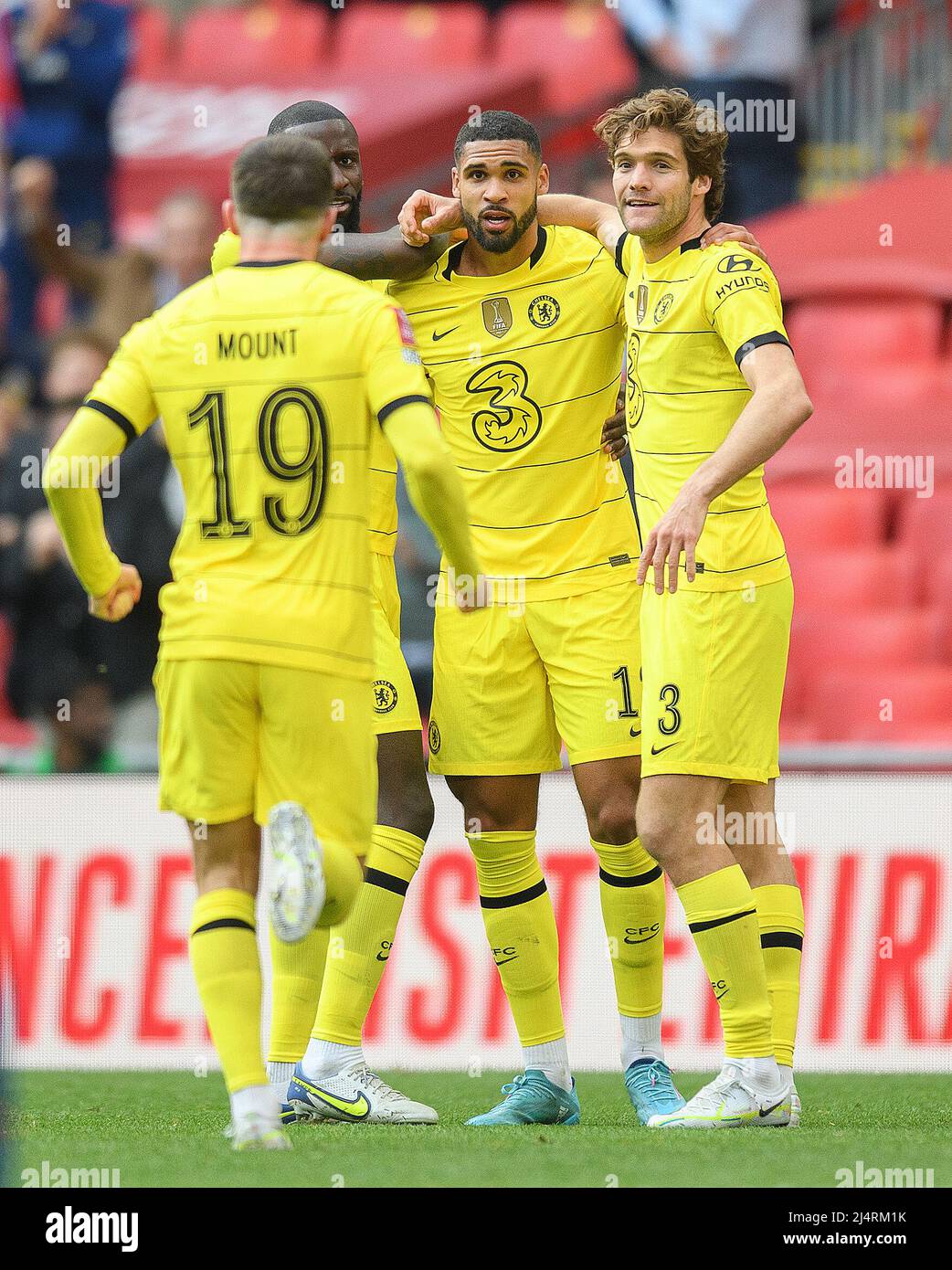 London, UK. 17th Apr, 2022. Ruben Loftus-Cheek celebrates scoring his goal with Marcus Alonso during the FA Cup Semi-Final against Crystal Palace Picture Credit : Credit: Mark Pain/Alamy Live News Stock Photo