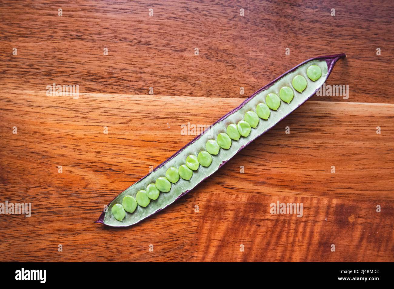 One Guaje seed pod on a wood table Stock Photo