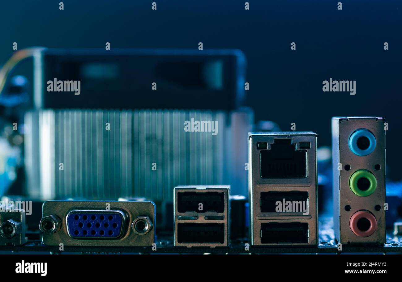 Various plug connectors in the ward. Inputs and outputs in a computer board. Plugs and