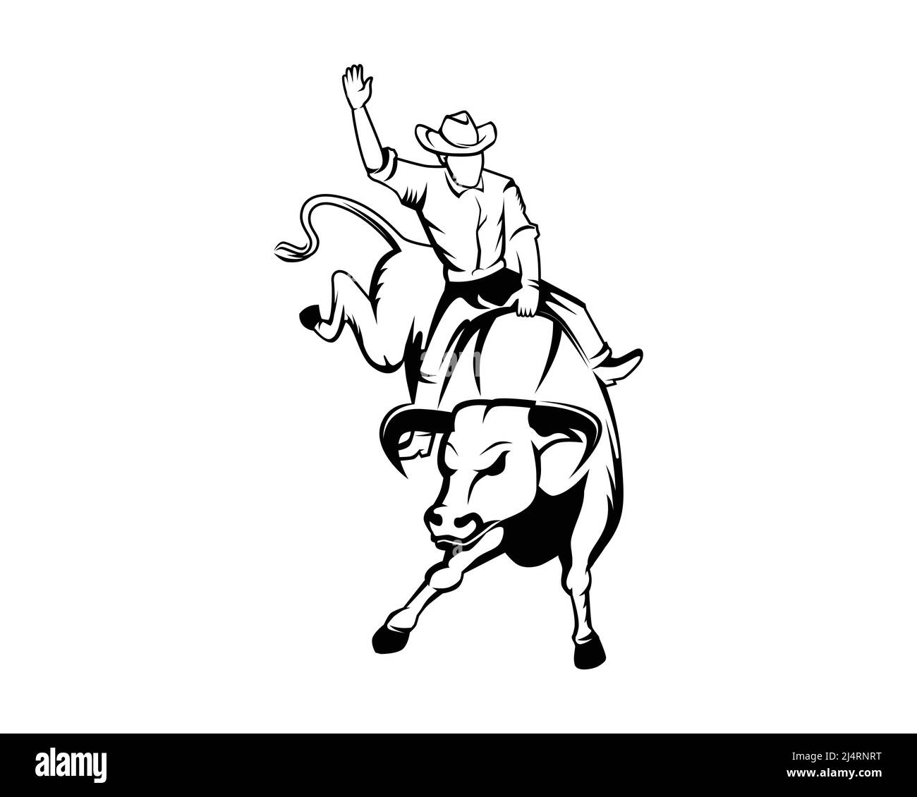 Rodeo or Cowboy Riding a Wild and Furious Bull Illustration with Silhouette Style Vector Stock Vector