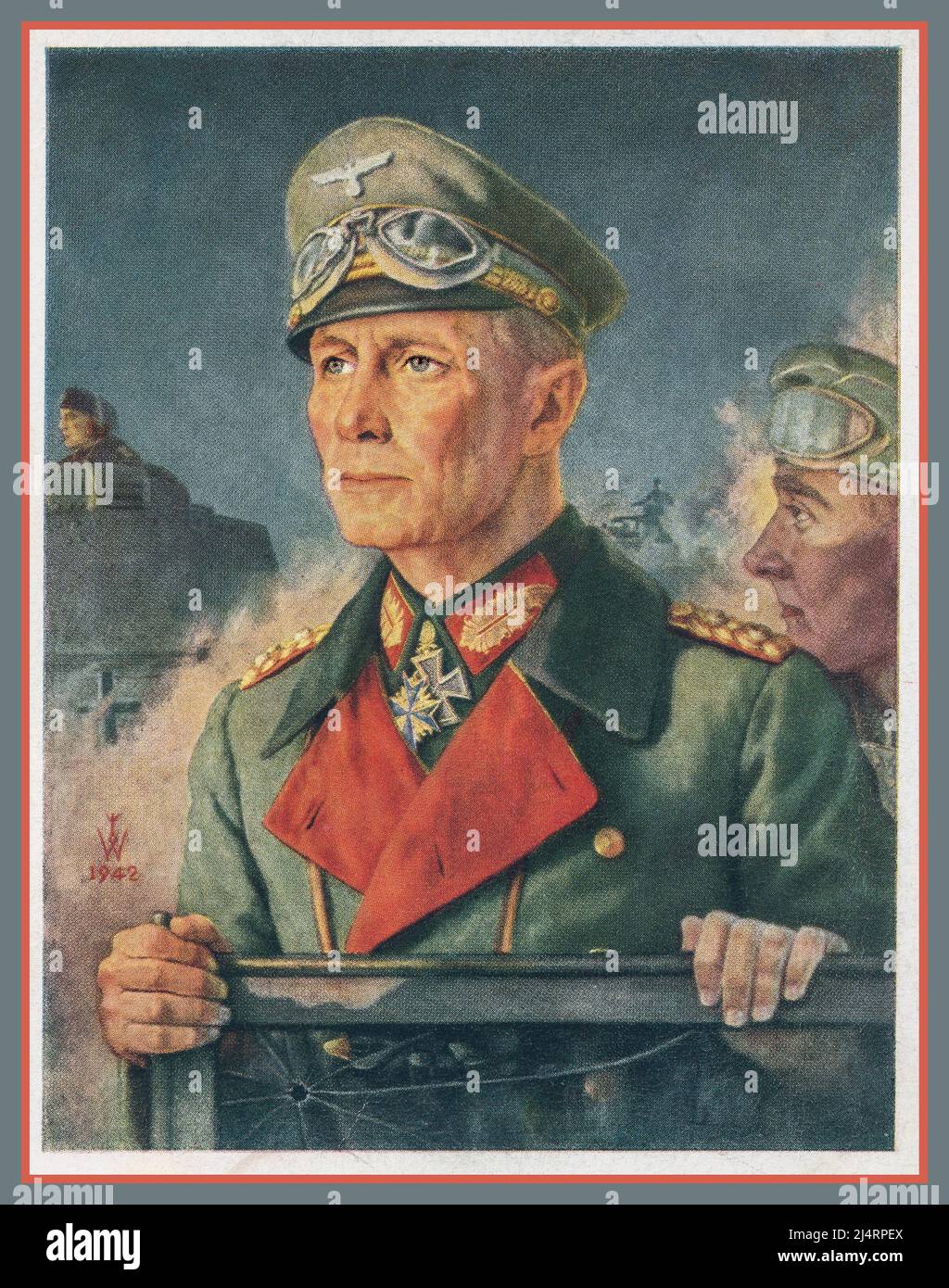 Vintage 1942 Field Marshall Erwin Rommel Poster card, a revered Nazi German hero and brilliant war strategist. 'The Desert Fox' of the North Africa campaign, wearing his Iron Cross medal with oak leaves swords and diamonds and the Pour le Merite Cross  WW2 World War II Second World War Painting Illustration Colour Stock Photo