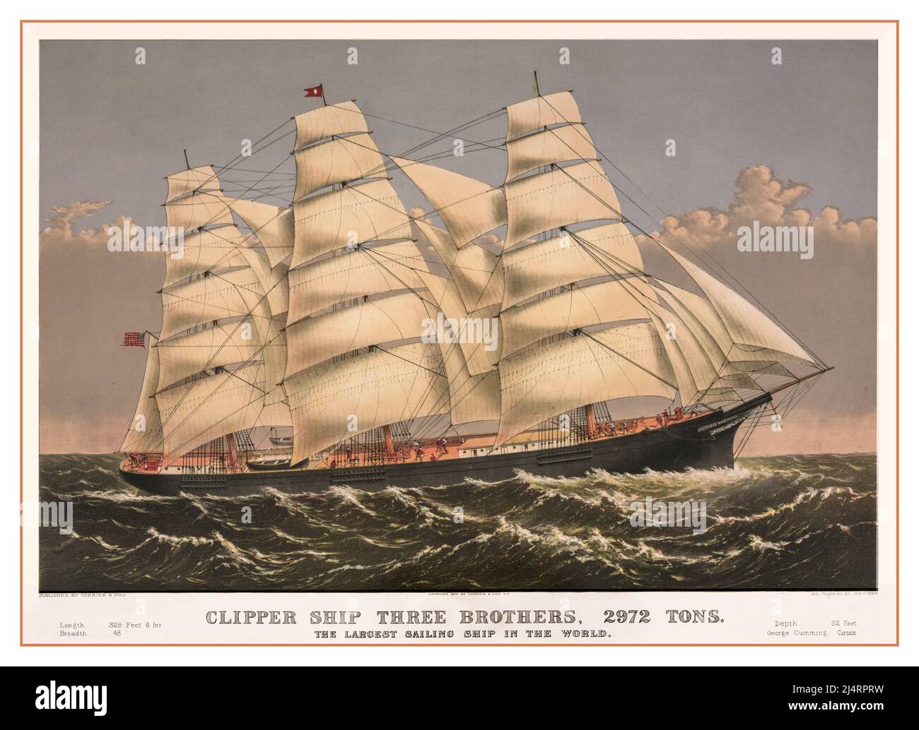 THREE BROTHERS 1800s Clipper Ship Vintage Lithograph 'THREE BROTHERS' 2972 Tons 1875 'The largest sailing ship in the world' illustration etching by Currier & Ives Stock Photo