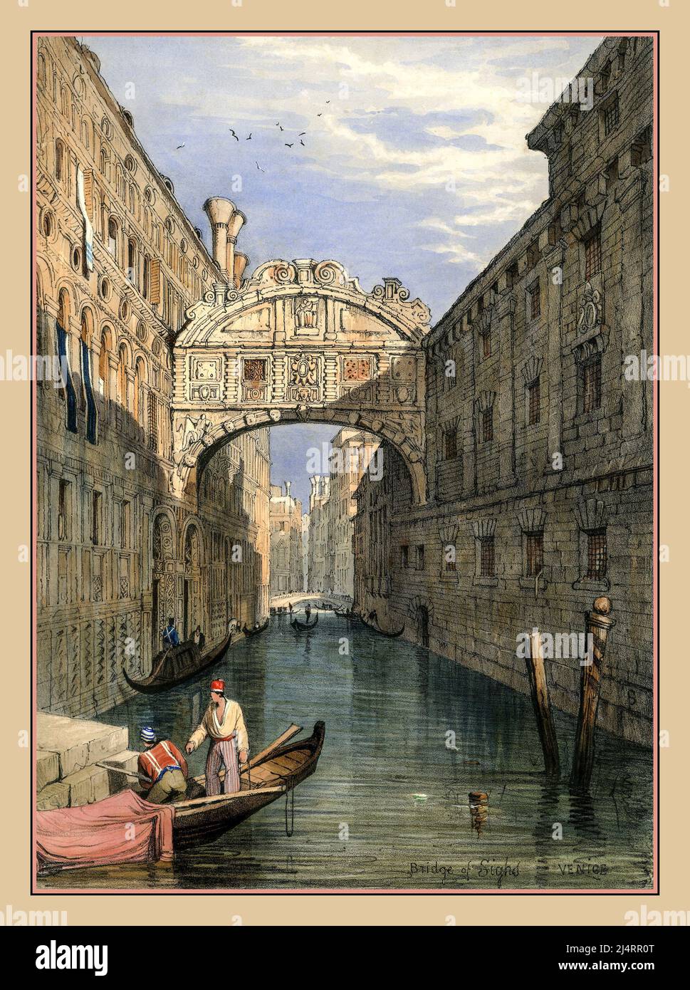 VENICE Vintage 1700s Bridge of Sighs with gondoliers historic old view Venice Italy Lithograph Illustration Stock Photo