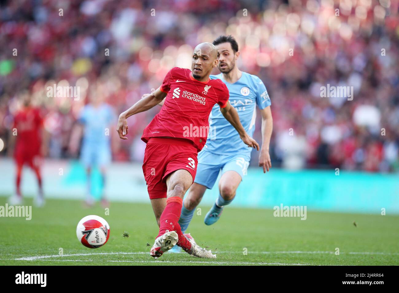 London, UK. 16th Apr, 2022. Fabinho of Liverpool in action. The Emirates FA Cup, semi final, Manchester City v Liverpool at Wembley Stadium in London on Saturday 16th April 2022.this image may only be used for Editorial purposes. Editorial use only, license required for commercial use. No use in betting, games or a single club/league/player publications.pic by Andrew Orchard/Andrew Orchard sports photography/Alamy Live News Credit: Andrew Orchard sports photography/Alamy Live News Stock Photo