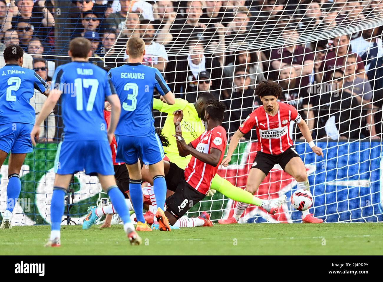 ROTTERDAM - (lr) Perr Schuurs of Ajax (3), PSV Eindhoven goalkeeper ...