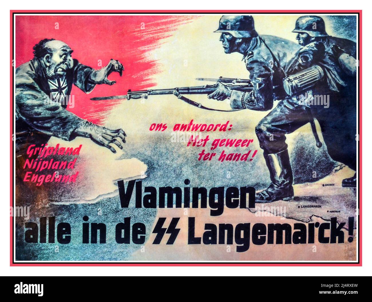 Vintage WW2 1940s Nazi SS Flemish Propaganda Poster SS Freiwlligen Dutch Grenadier Division Langemarck met opschriff Vlamingen alle in de SS Langemarck.Our answer the gun at hand. Anti Semitic Dutch Flemish racist propaganda WW2 World War II Second World War Stock Photo