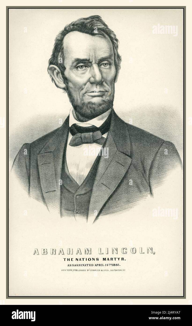 PRESIDENT LINCOLN Vintage Portrait etching 'Abraham Lincoln, The Nations Martyr. Assassinated April 14th 1865.' Lithograph by Currier and Ives, New York, ca. 1865. Stock Photo