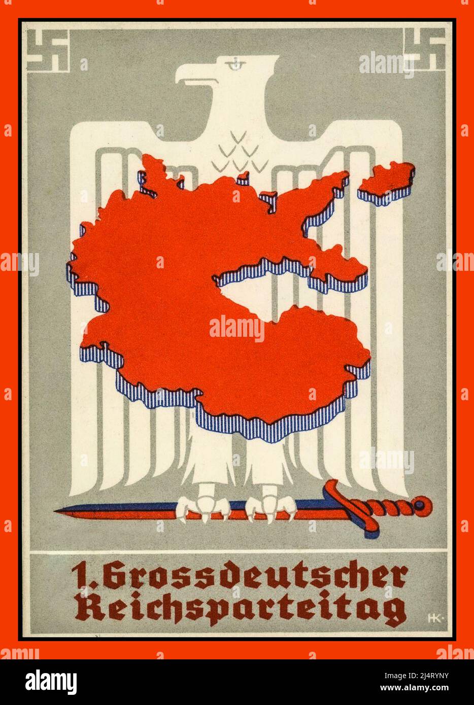 1930s Nazi Germany Propaganda Poster Card for Greater Germany ,Reichsparteitag ( Reich Party Congress) Grossdeutscher Reichsparteitag with German Eagle Swastika symbols and a map of Nazi Germany Stock Photo