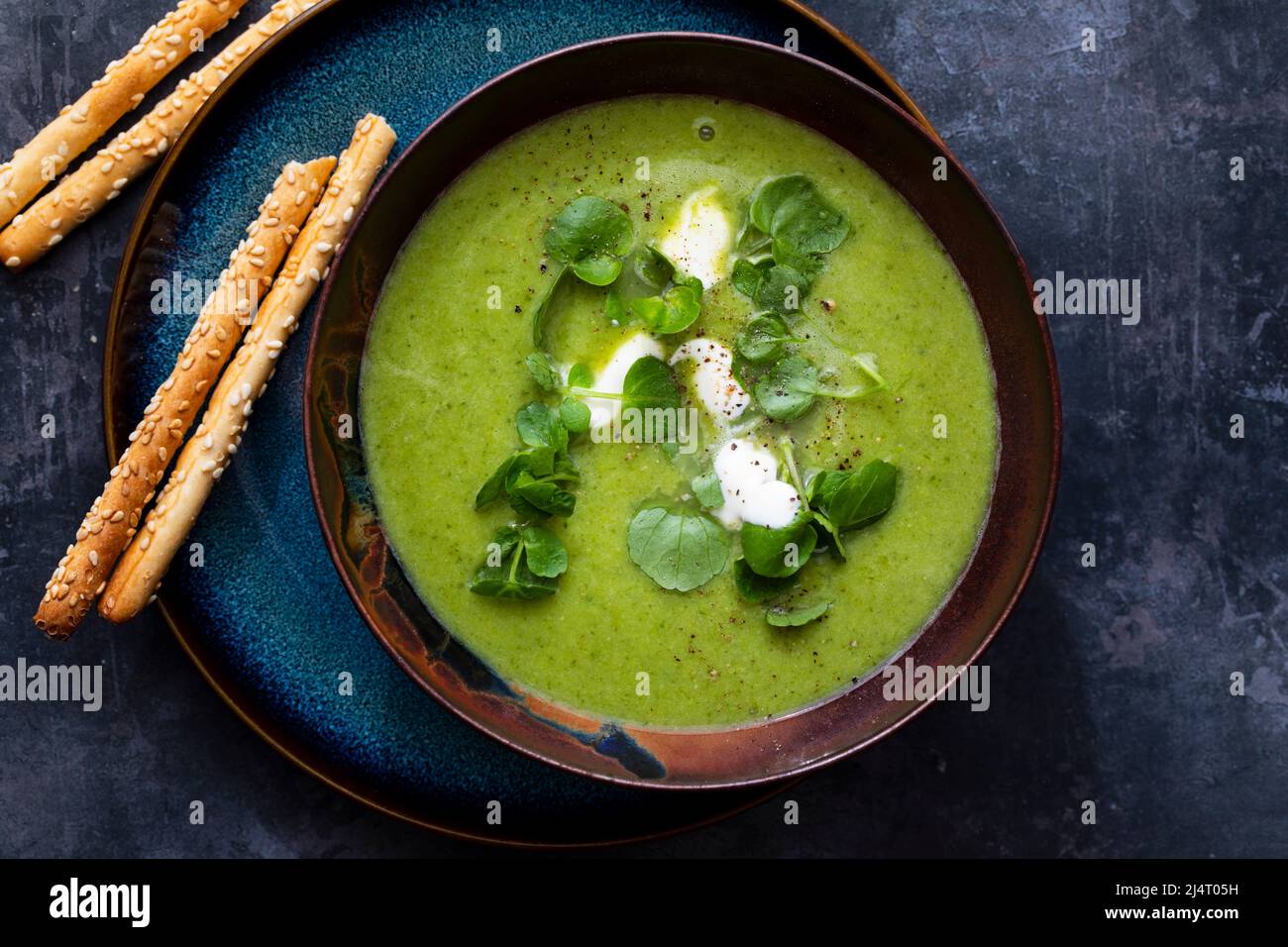Green peas, watercress and leek soup Stock Photo