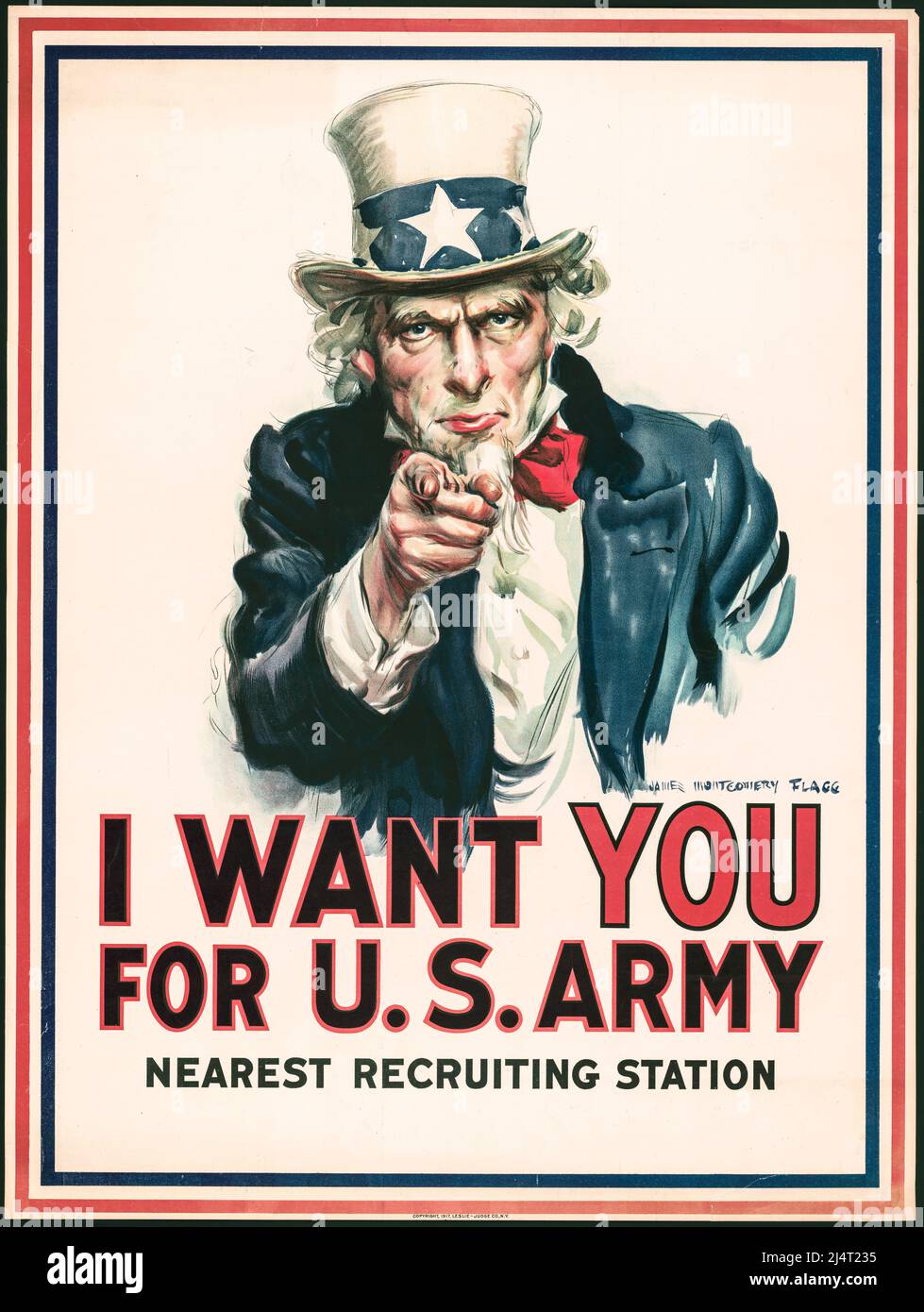 WW1 Propaganda Poster UNCLE SAM  ' I want you for U.S. Army' : nearest recruiting station / James Montgomery Flagg. 1917. Library of Congress War poster with the famous phrase 'I want you for U. S. Army' shows Uncle Sam pointing his finger at the viewer in order to recruit soldiers for the American Army during World War I. The printed phrase 'Nearest recruiting station' has a blank space below to add the address for enlisting. America USA Stock Photo