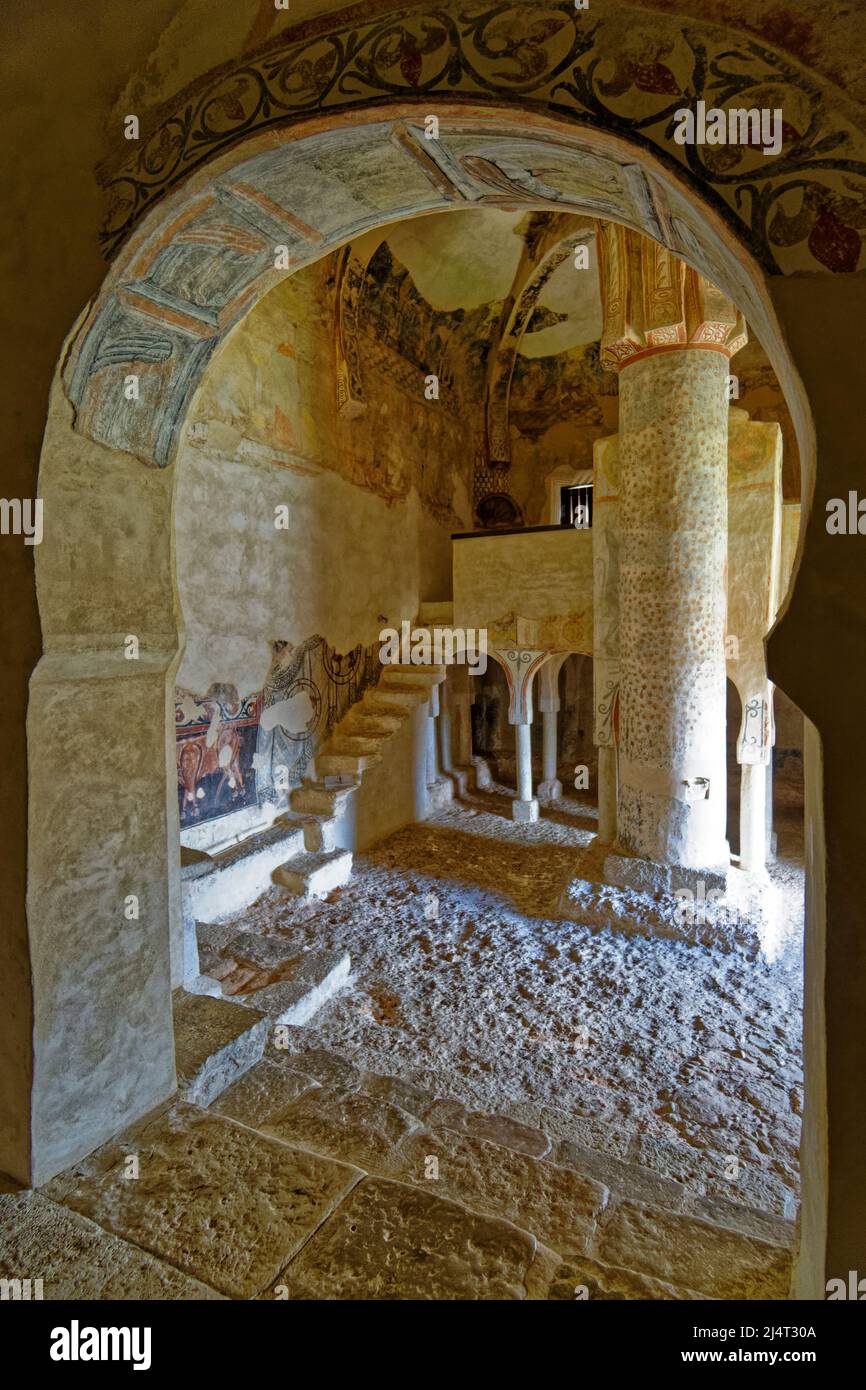 Casillas de Berlanga, Spain. 02th Apr, 2022. Mozarabic hermitage of San Baudelio 11th century AD. Inside detail. Stock Photo