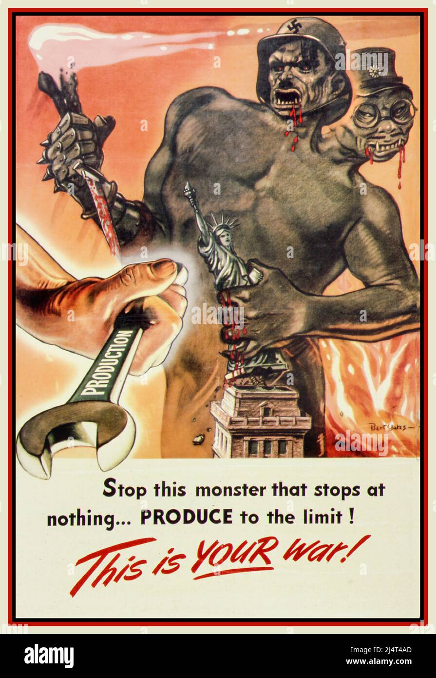 Vintage WW2 American Propaganda Poster 'Stop This Monster That Stops At Nothing... Produce to the limit ! THIS IS YOUR WAR ! Illustration of a twin headed monster of Nazi Germany Adolf Hitler and Imperial Japan Hideki Tojo, clutching at the Statue of Liberty with a demonic murdering blood lust, versus the American war production machine 1940s Stock Photo