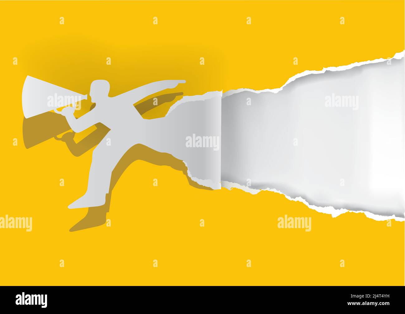 Running Man with megaphone tearing yellow paper. Illustration of torn paper male silhouette. Template for banner, place for your text or image. Stock Vector