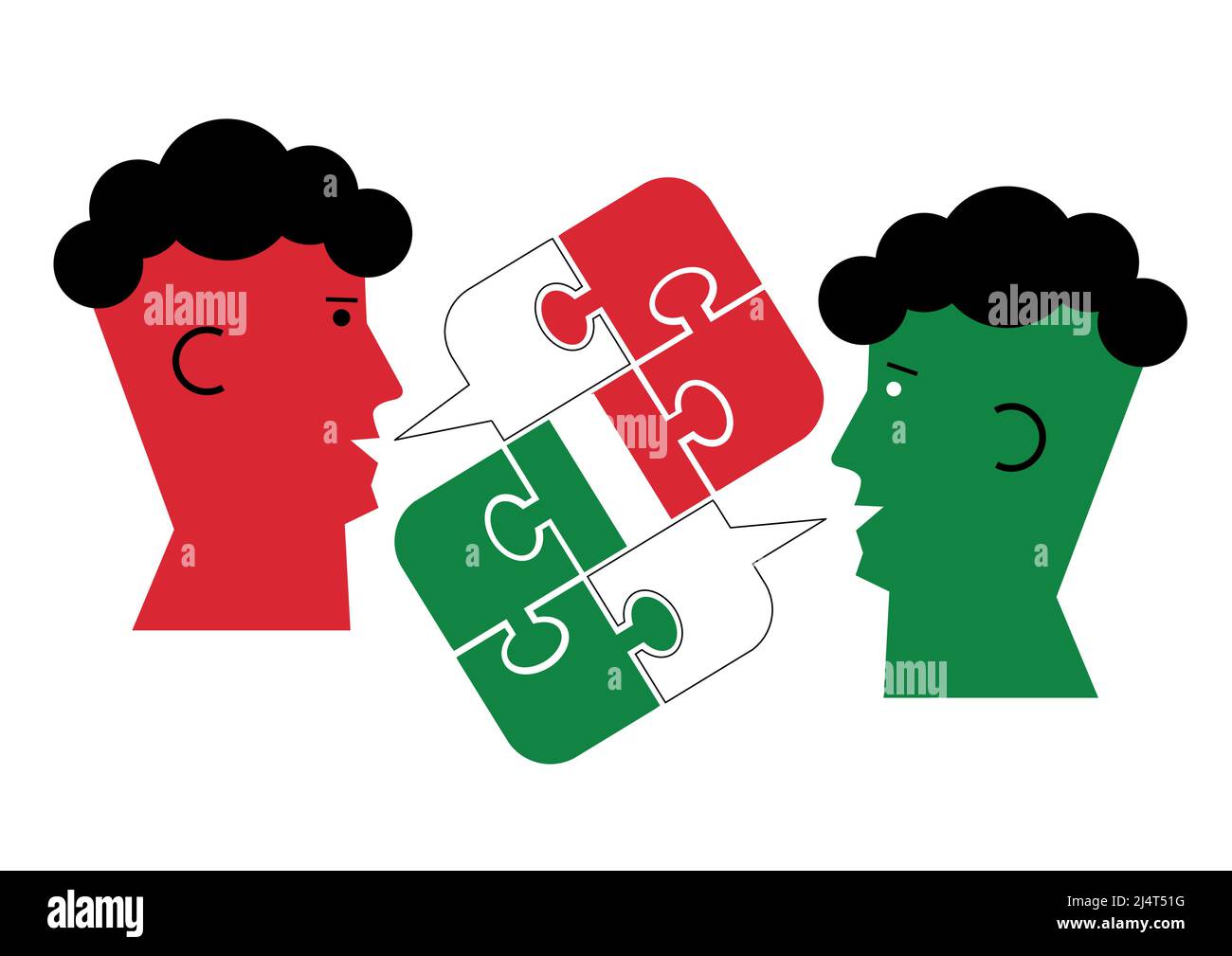 Italian language lesson dialog, male heads symbol. Two students and Puzzle bubble talk with a Italian flag symbolizing Italian conversation. Stock Vector