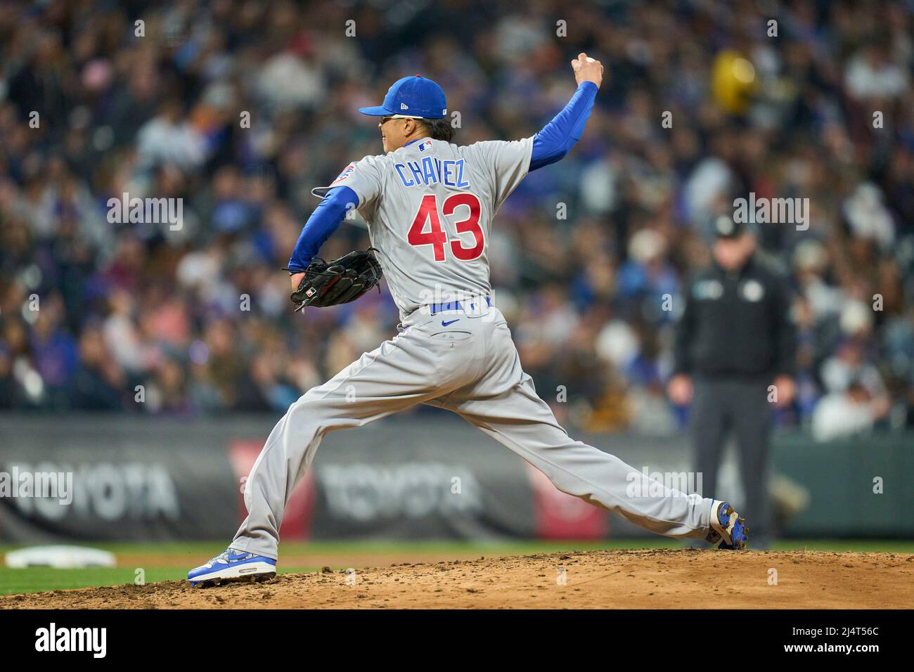 Denver CO, USA. 16th Apr, 2022. Chicago pitcher Jesse Chavez (43) throws a  pitch during the game with Chicago Cubs and Colorado Rockies held at Coors  Field in Denver Co. David Seelig/Cal