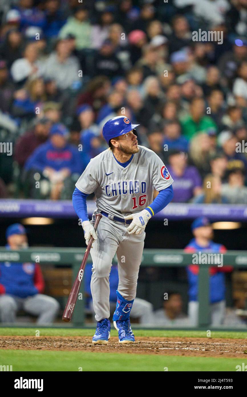 Denver CO, USA. 16th Apr, 2022. Chicago third baseman Patrick .Wisdom (16)  gets a hit during the game with Chicago Cubs and Colorado Rockies held at  Coors Field in Denver Co. David