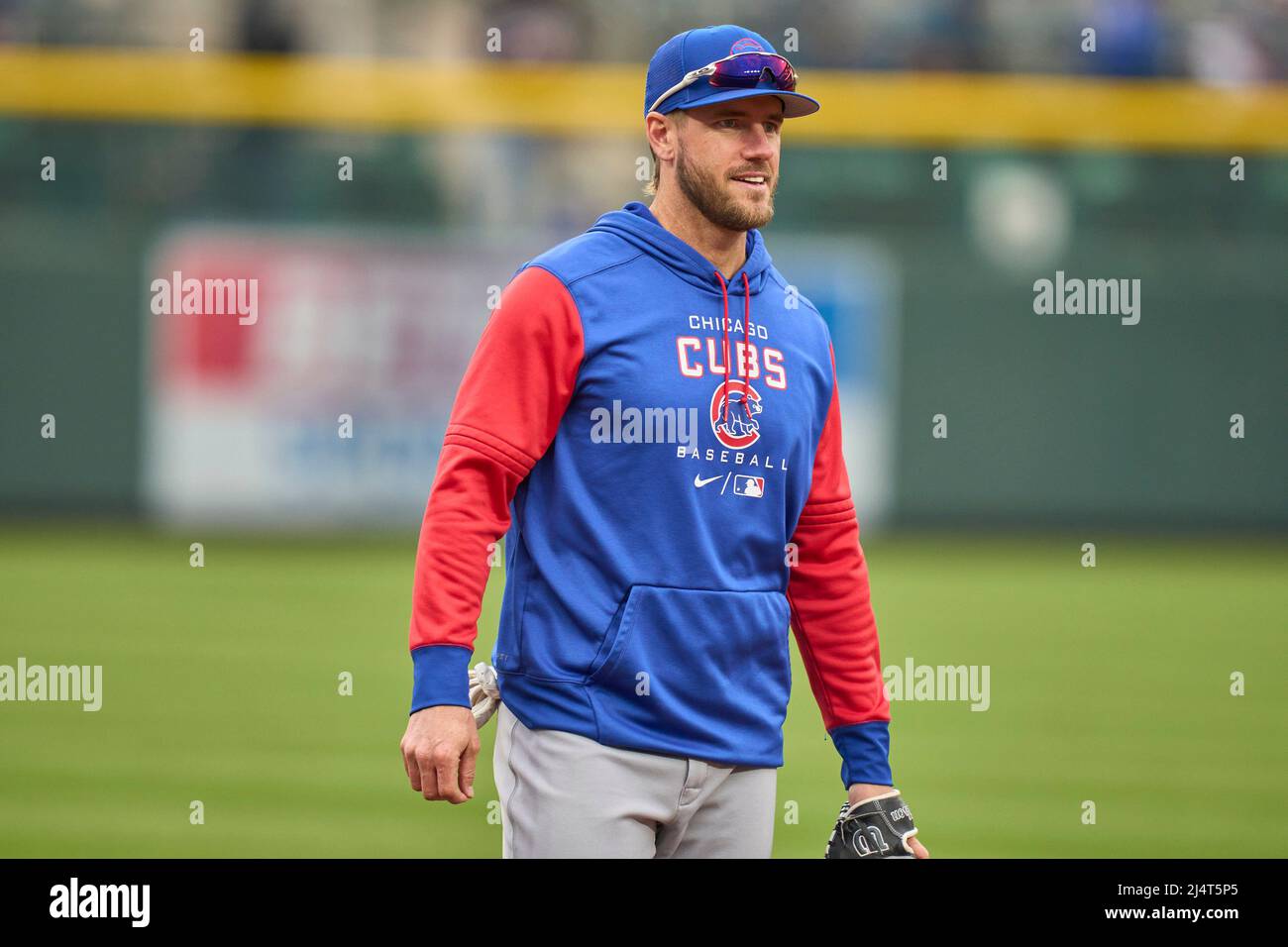 April 16 2022: Chicago third baseman Patrick .Wisdom (16) during pregame  with Chicago Cubs and Colorado Rockies held at Coors Field in Denver Co.  David Seelig/Cal Sport Medi(Credit Image Stock Photo - Alamy