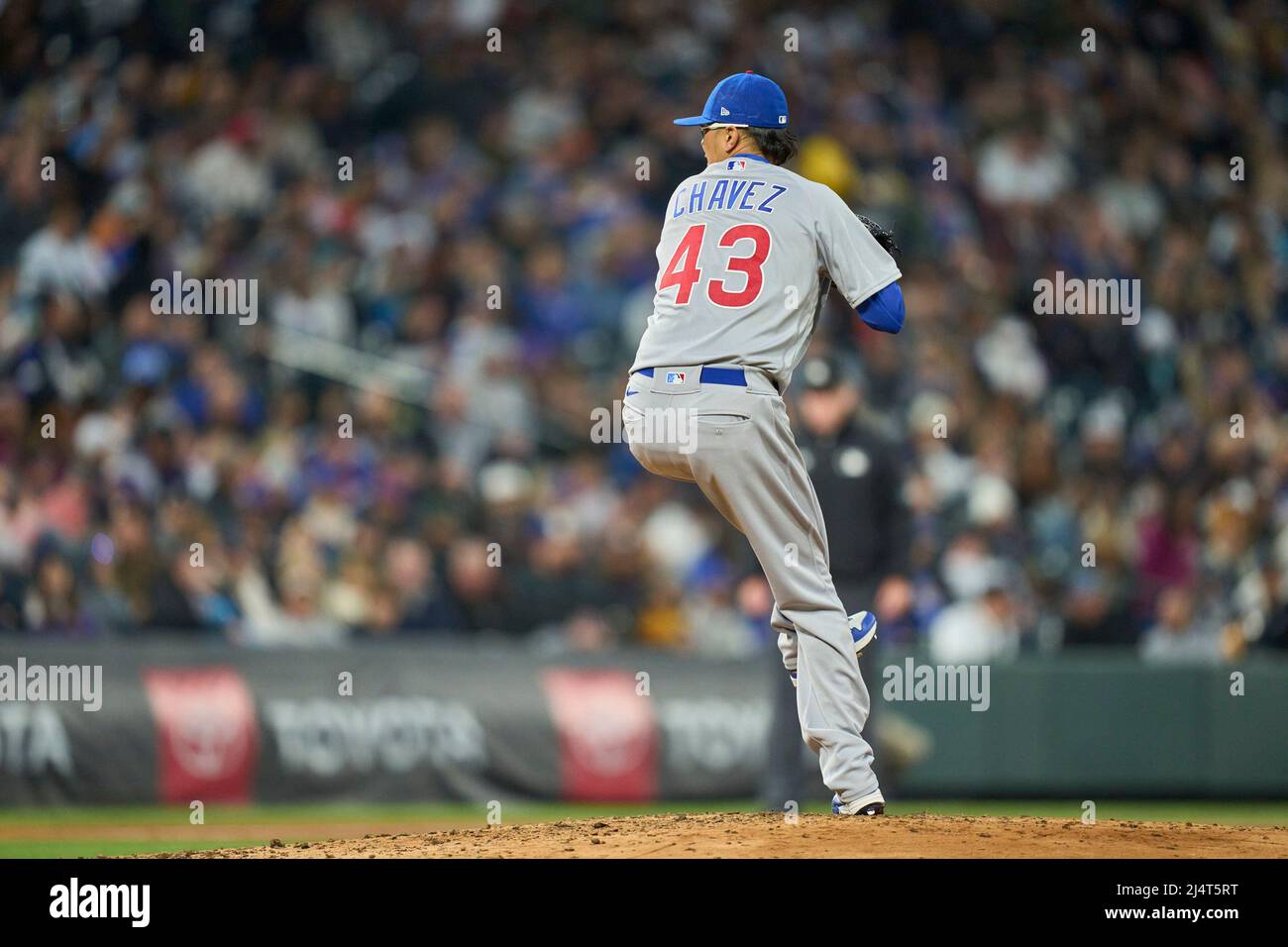 April 16 2022: Chicago pitcher Jesse Chavez (43) throws a pitch during the  game with Chicago Cubs and Colorado Rockies held at Coors Field in Denver  Co. David Seelig/Cal Sport Medi(Credit Image