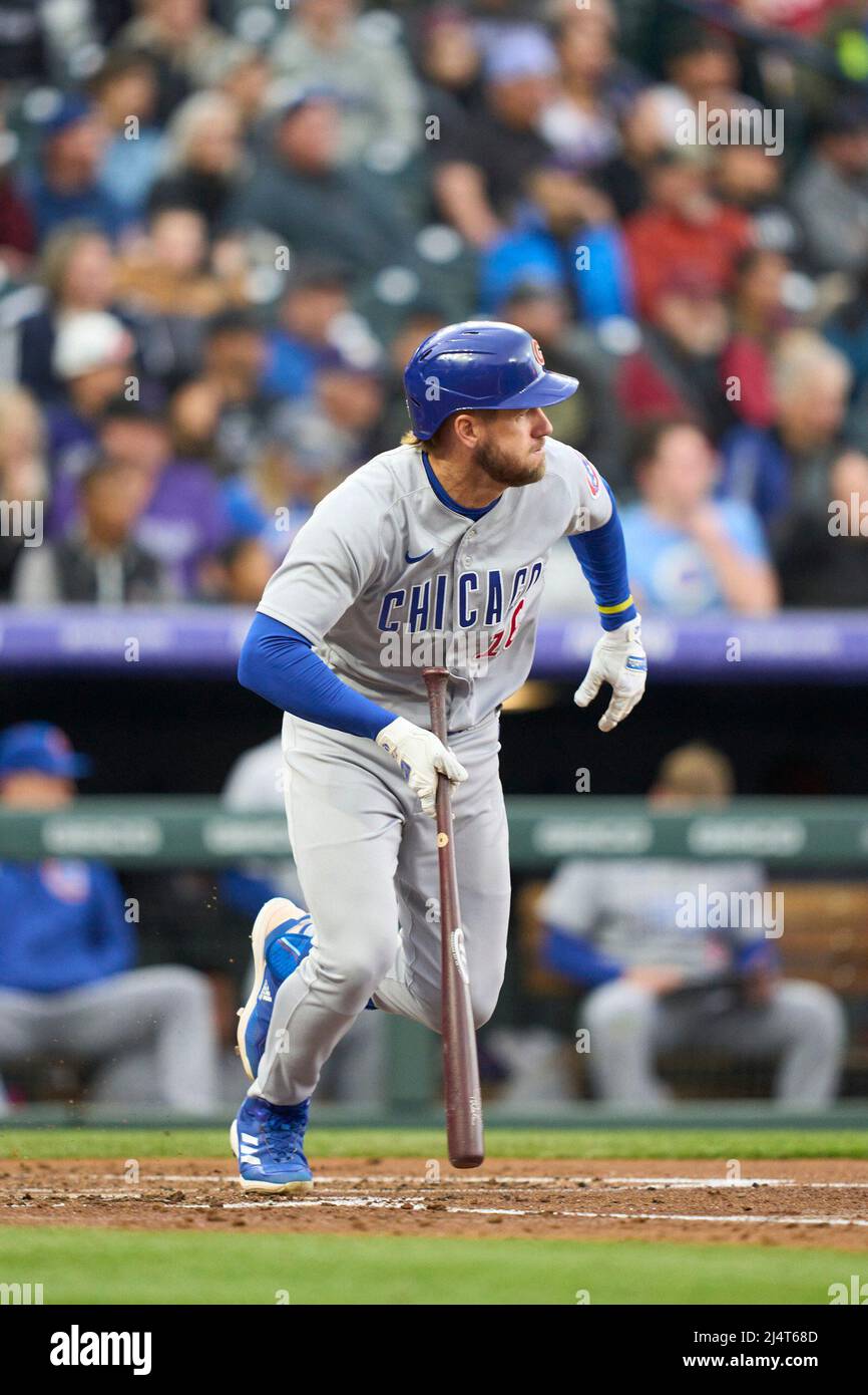 Denver CO, USA. 16th Apr, 2022. Chicago third baseman Patrick .Wisdom (16)  gets a hit during the game with Chicago Cubs and Colorado Rockies held at  Coors Field in Denver Co. David
