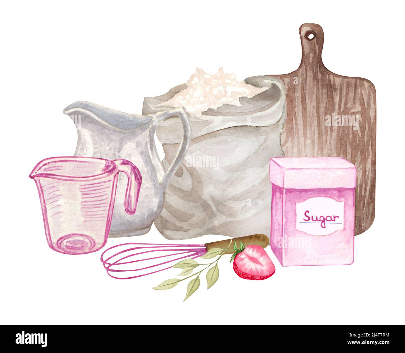 Watercolor baking supplies clipart. Pink kitchen utensils PNG