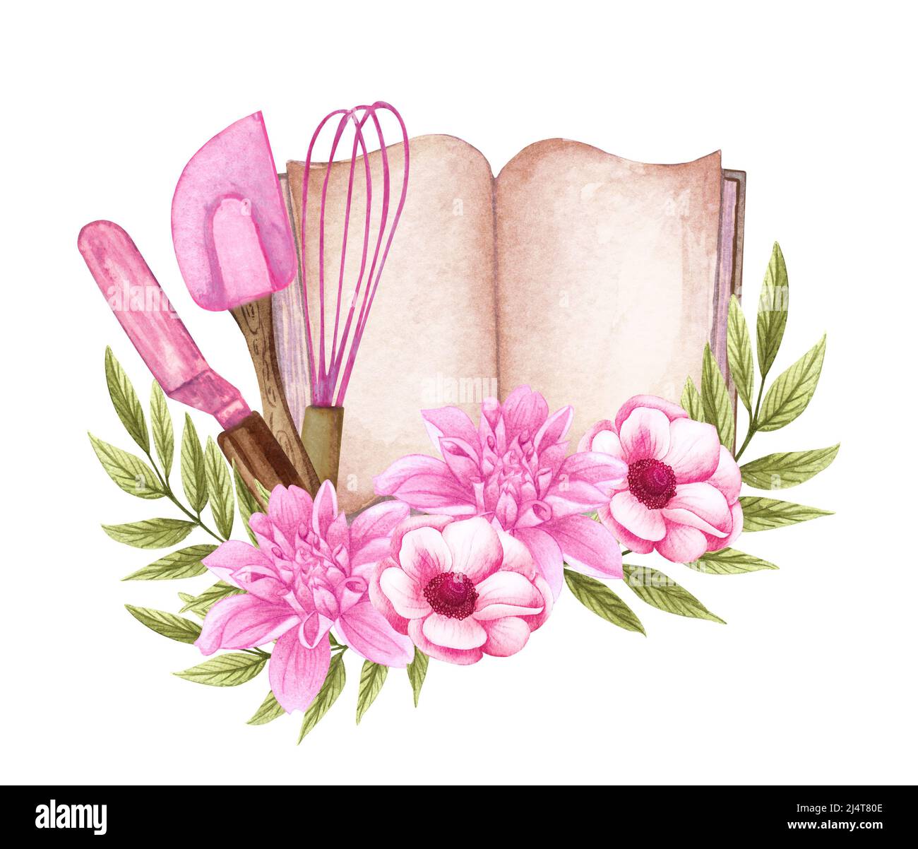 https://c8.alamy.com/comp/2J4T80E/baking-watercolor-illustration-with-kitchen-utensils-cooking-book-polling-pin-whisk-spoon-with-pink-flowers-hand-drawn-cooking-baking-logo-2J4T80E.jpg