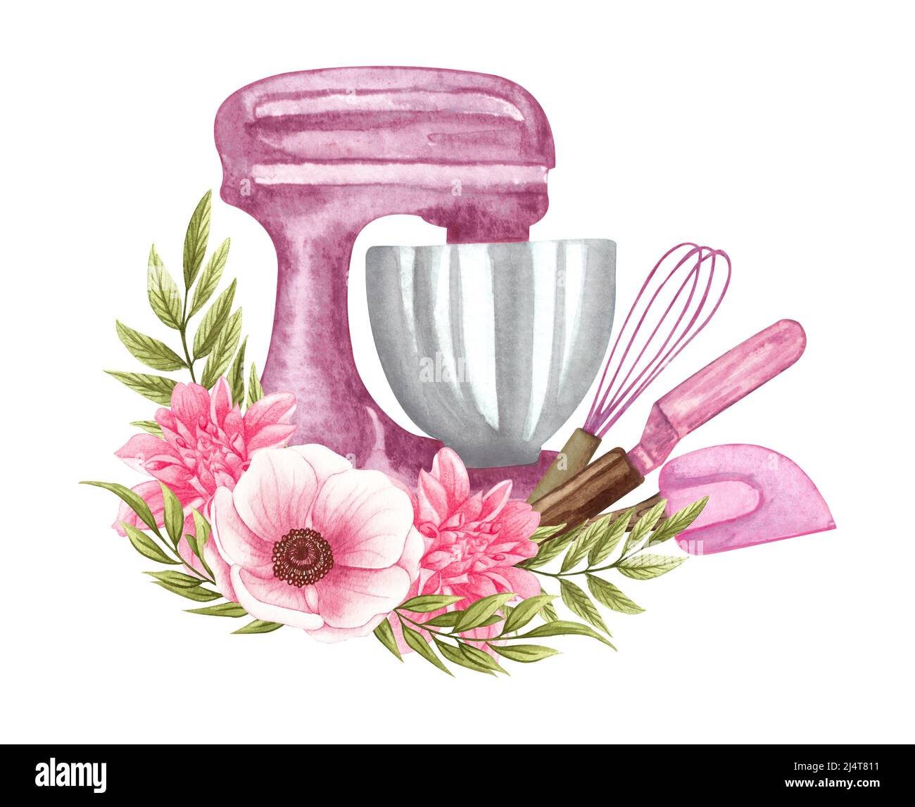 https://c8.alamy.com/comp/2J4T811/baking-watercolor-illustration-with-kitchen-utensils-in-a-clay-jag-polling-pin-whisk-spoon-with-pink-flowers-hand-drawn-cooking-baking-logo-2J4T811.jpg