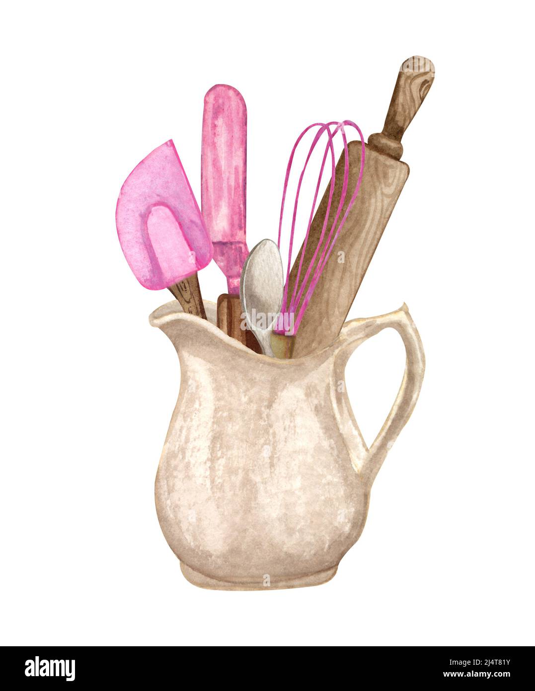Baking watercolor illustration with kitchen utensils in a clay jag