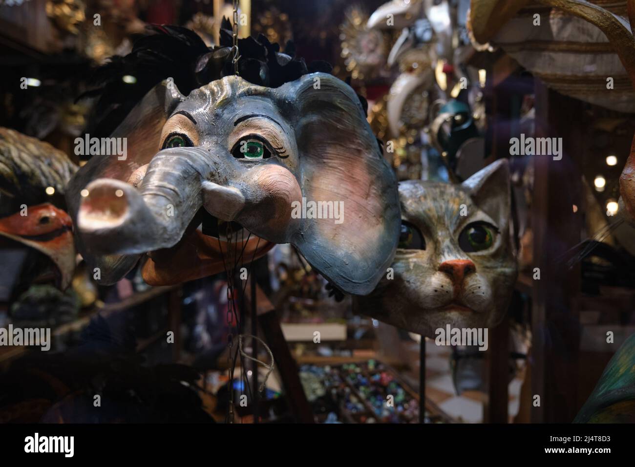 Hand made and hand painted masks in the window of a traditional