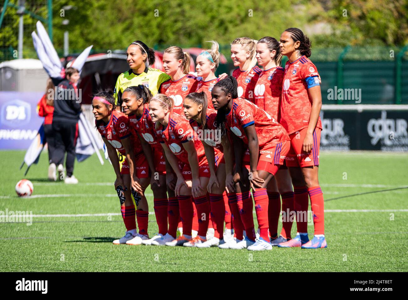 April 17, 2022, Fleury-Merogis, France: The players of Olympique Lyonnais  ahead of the Women&#39;s French championship, D1 Arkema football match  between FC Fleury 91 and Olympique Lyonnais (Lyon) on April 17, 2022