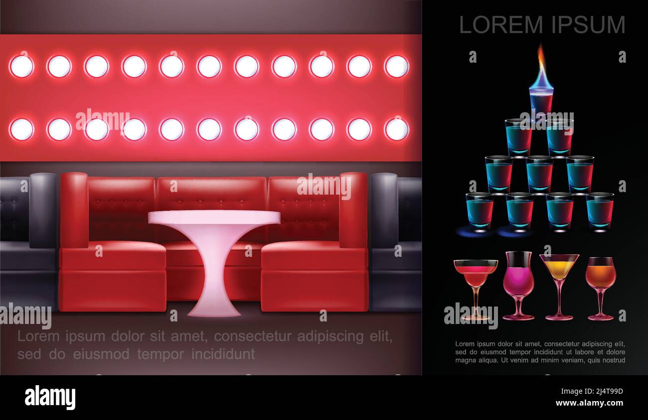 Realistic modern night party concept with sofa table spotlights