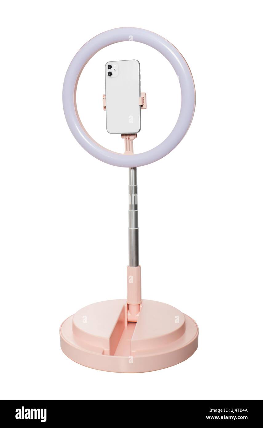 selfie ring lamp with smartphone holder, on stand isolated on white background Stock Photo