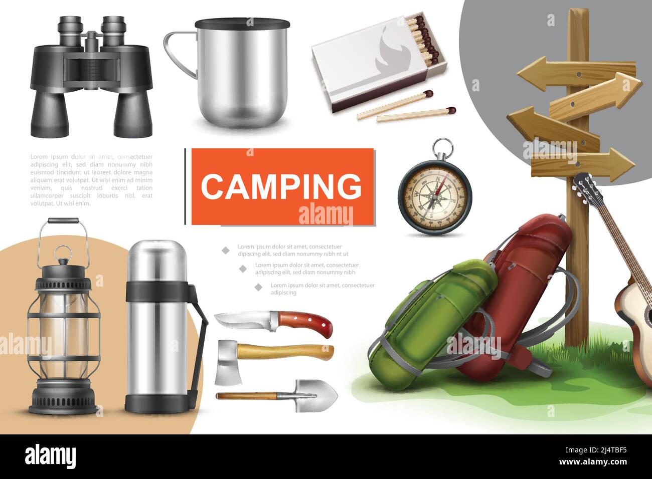 Realistic camping elements composition with binoculars cup matches  navigational compass lantern thermos knife axe shovel guitar and backpacks  near sig Stock Vector Image & Art - Alamy