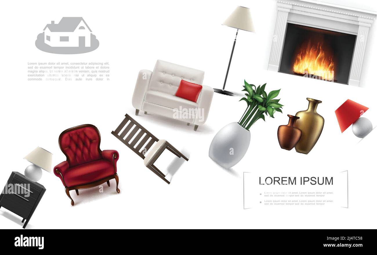 Realistic classic interior elements template with armchairs houseplant ...