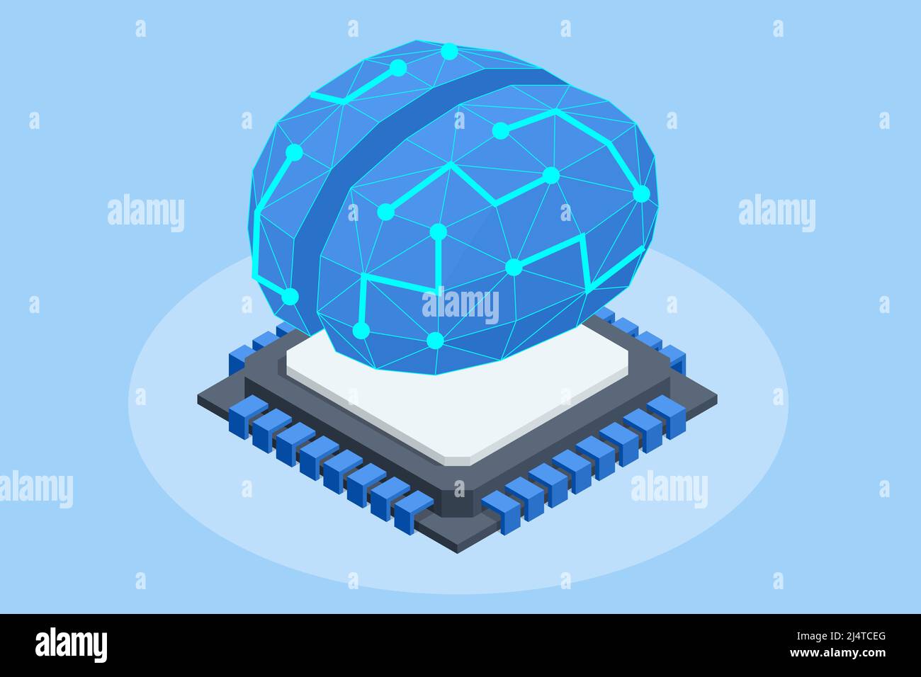 Isometric human brain with micro chip. artificial intelligence and implants of artificial organs. Stock Vector