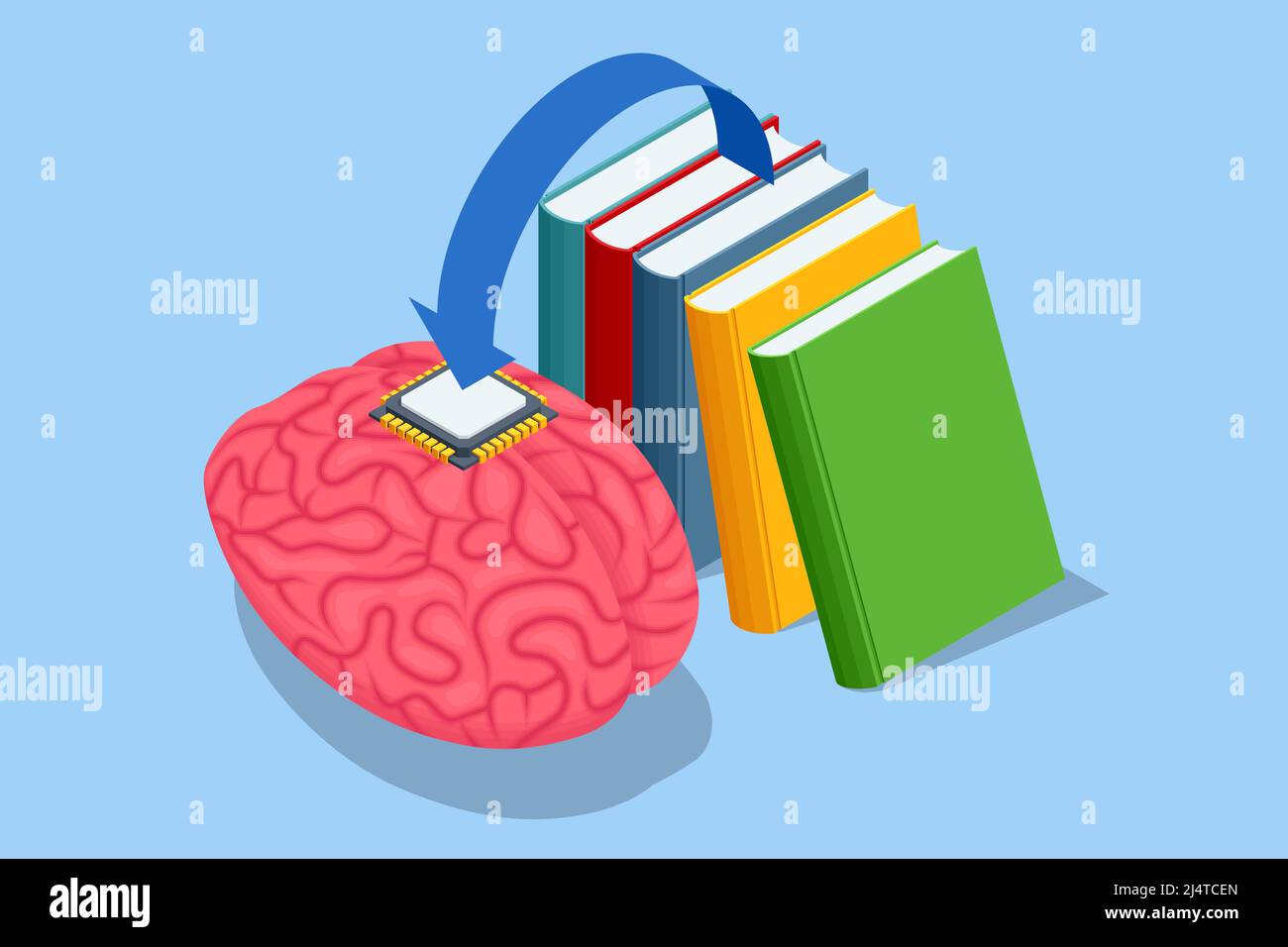 Isometric human brain with micro chip. artificial intelligence and implants of artificial organs. Stock Vector