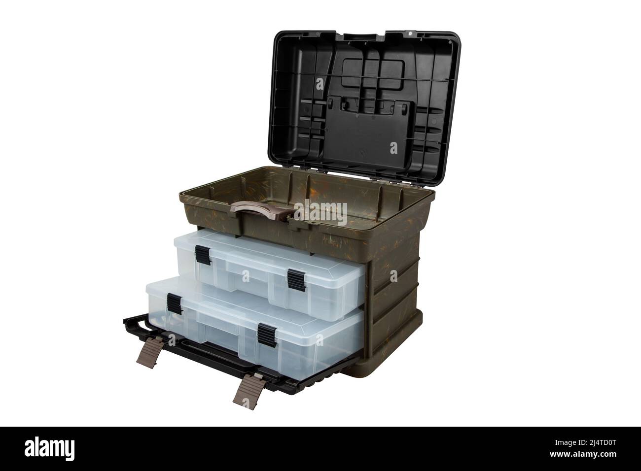 Portable plastic container with opening lid and additional sliding compartments. Fishing or hunting box. Isolate on a white background. Stock Photo
