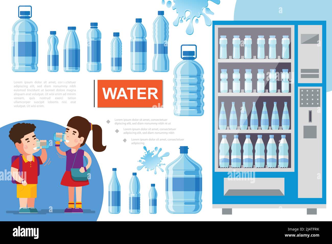 Flat pure water concept with boy and girl drinking water liquid splashes and showcase refrigerator for cooling drinks vector illustration Stock Vector