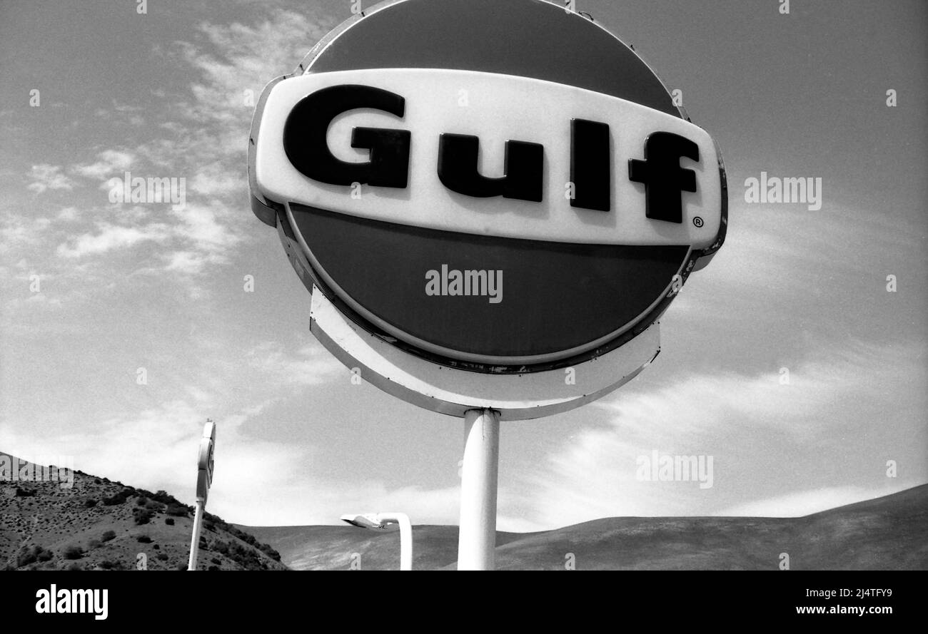 Large sign for a Gulf gas station along freeway in California Stock Photo