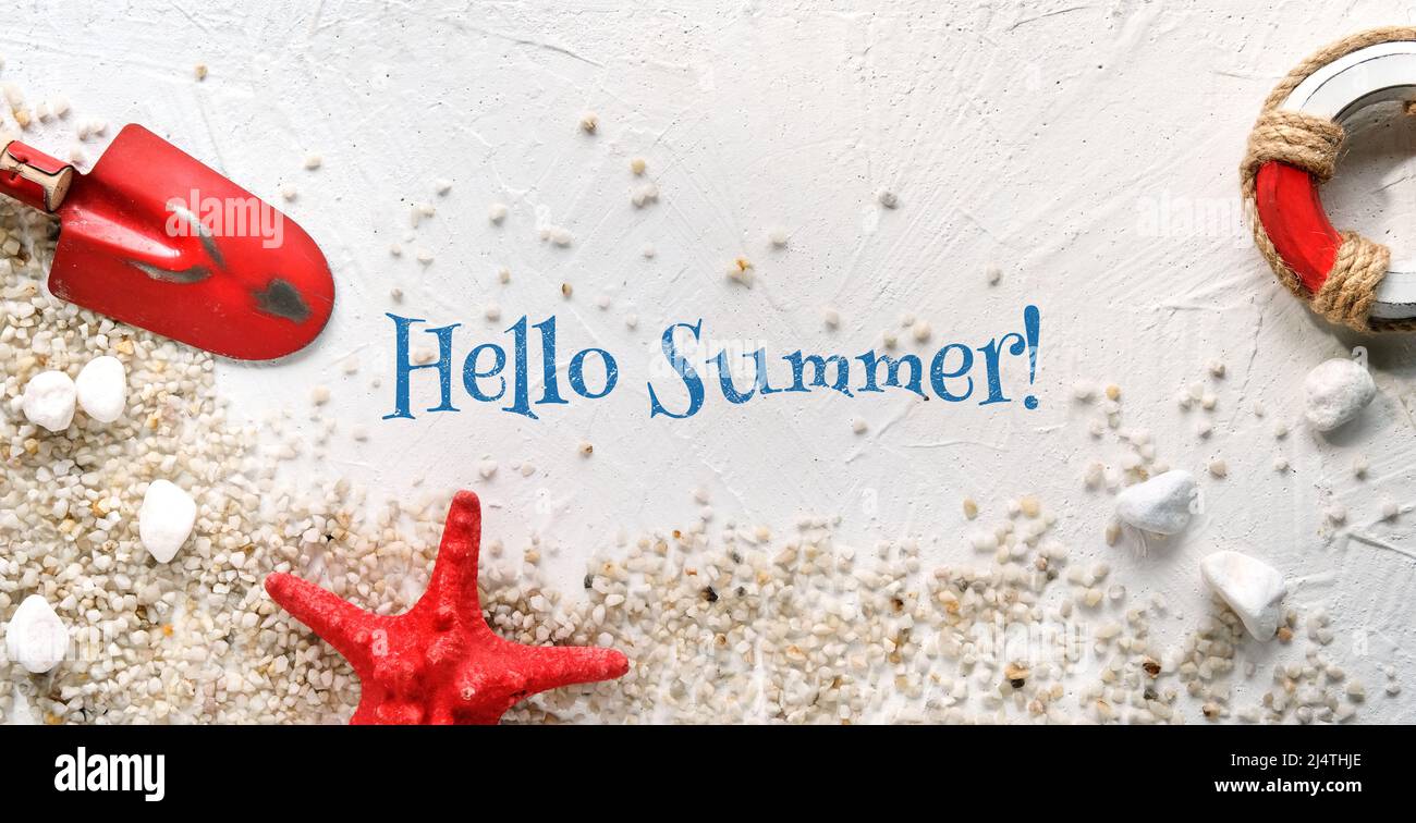Hello Panoramic Text Hello Summer. anoramic sand background. Off white abstract banner ...