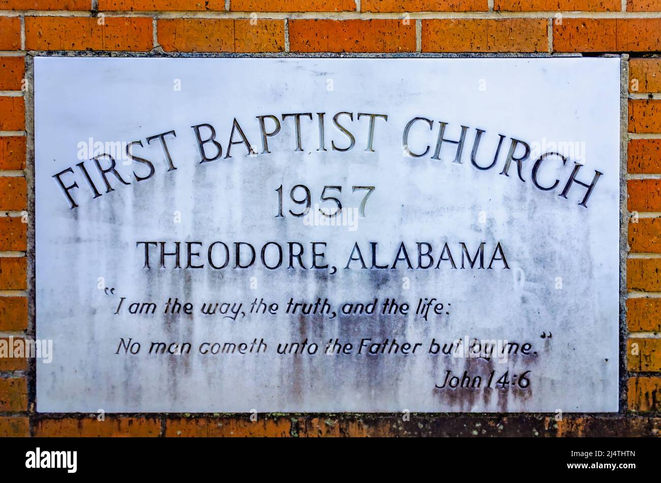 The cornerstone for First Baptist Church of Theodore is pictured on Bellingrath Road,  April 15, 2022, in Theodore, Alabama. Stock Photo