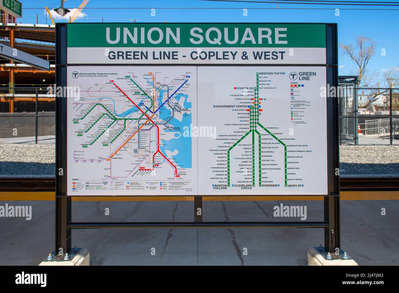 Boston Metro MBTA schematic map on platform in Union Square station at Union Square in city of