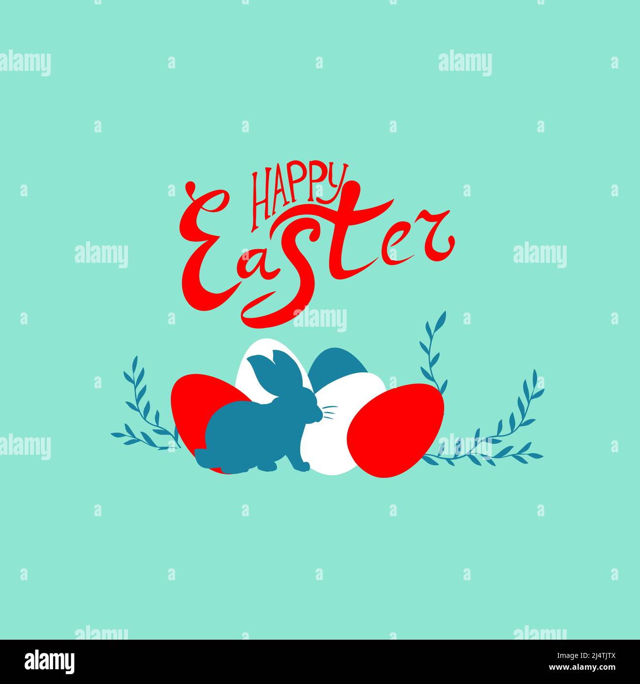 Blue and red rabbit and eggs easter card. Vector illustration Stock ...