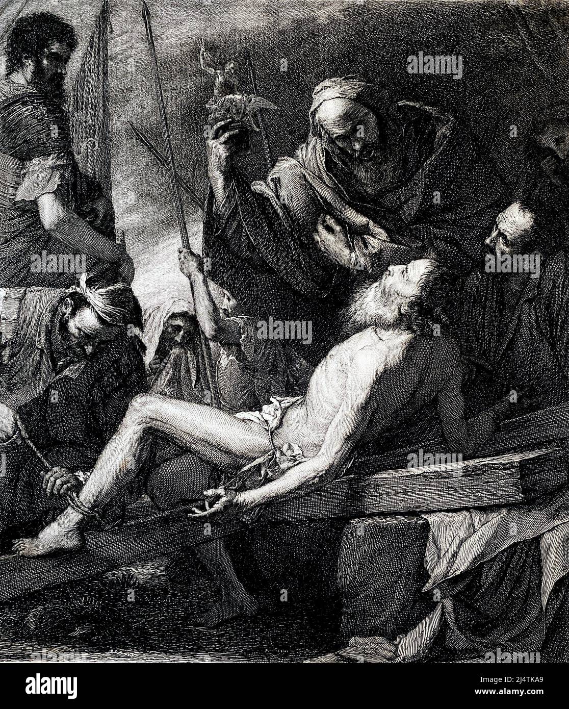 'The Martyrdom of St. Andrew, engraving by E. Doby from an oil painting by Jusepede Ribera, 1628, from the George Barrie Collection, The International Gallery 1800s. Stock Photo