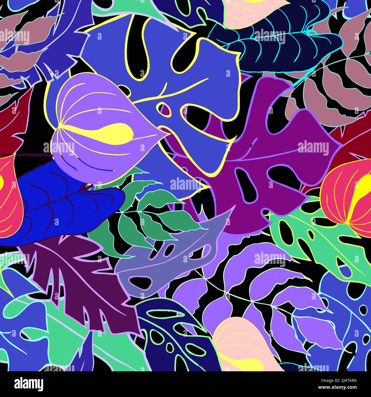 bright seamless pattern of tropical leaves and flowers in blue and ...